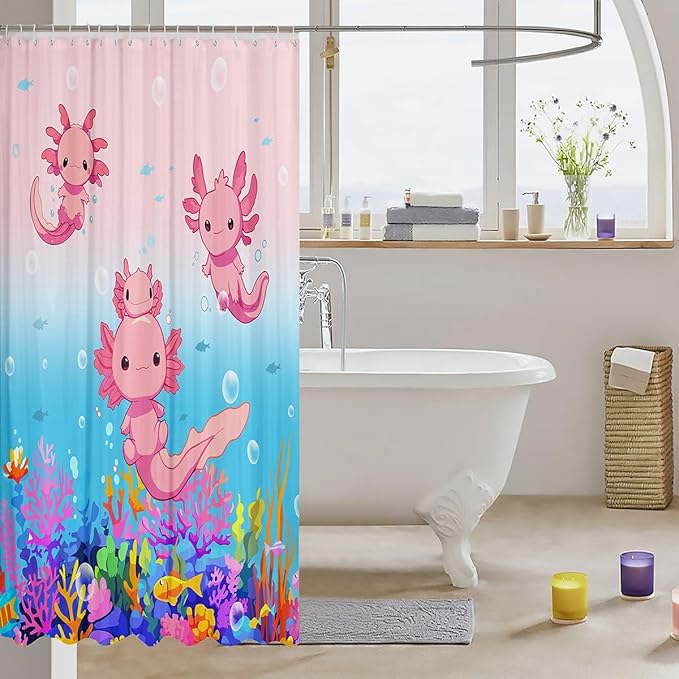 Feelyou Boys Girls Cute Axolotl Bath Curtain Ocean Sealife Shower Curtain Kids Cartoon Salamander Bathroom Shower Curtain Set Kawaii Teens Bathroom Accessories Room Decor 72"x78"