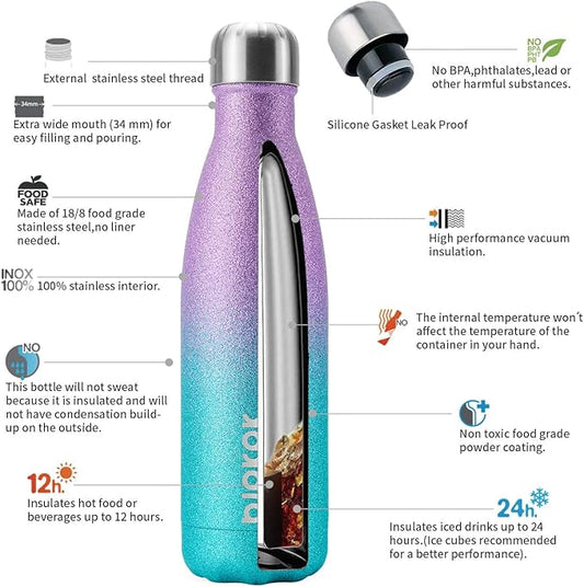 BJPKPK Insulated Water Bottles -17oz/500ml -Stainless Steel Water Bottles,Sports Water Bottles Keep Cold for 24 Hours and Hot for 12 Hours,BPA Free Water Bottle,Glitter Purple Green
