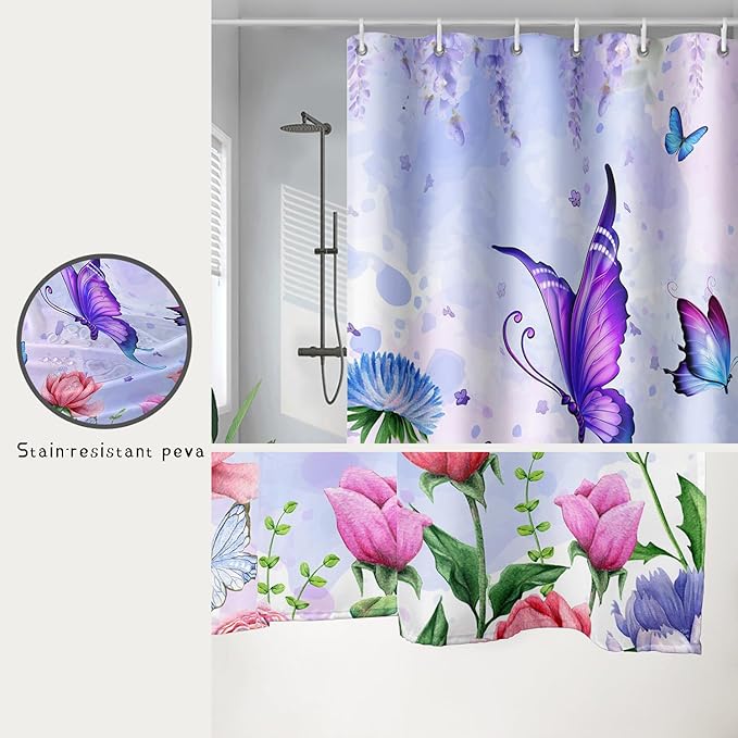 AILONEN Girls Butterfly Shower Curtain for Bathroom,Colorful Floral Flower Purple Watercolor Butterfly Printed Bath Curtain 48" W*72" H Polyester Fabric Waterproof Bathroom Curtain with 12 Hooks