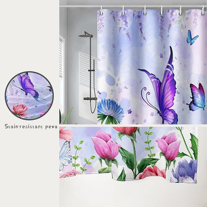 AILONEN Girls Butterfly Shower Curtain for Bathroom,Colorful Floral Flower Purple Watercolor Butterfly Printed Bath Curtain 48" W*72" H Polyester Fabric Waterproof Bathroom Curtain with 12 Hooks