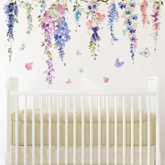 Zonon Flowers Wall Decals Vinyl Dragonflies Flowers Wall Stickers Removable Floral Wall Murals Peel and Stick Colorful Flower Wall Decor for Bedroom Living Room Nursery(Elegant)
