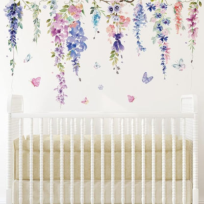 Zonon Flowers Wall Decals Vinyl Dragonflies Flowers Wall Stickers Removable Floral Wall Murals Peel and Stick Colorful Flower Wall Decor for Bedroom Living Room Nursery(Elegant)