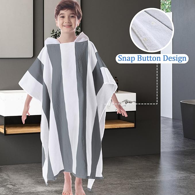 VOOVA & MOVAS Teens Hooded Towel - Teens Hooded Pool Towel Robe (8-16Years), Large Absorbent Cotton - Versatile for Beach, Pool, Swim, and Bath,Dark Gray Stripe