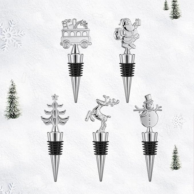 Christmas Wine Bottle Stoppers 5-Packs-Wine Saver Zinc Alloy Silicone,Reusable Leak Proof Keep Fresh Wine Corks,Bar,Holiday,Party,Wedding,Camping for Standard Bottle (Christmas suit)