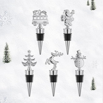 Christmas Wine Bottle Stoppers 5-Packs-Wine Saver Zinc Alloy Silicone,Reusable Leak Proof Keep Fresh Wine Corks,Bar,Holiday,Party,Wedding,Camping for Standard Bottle (Christmas suit)