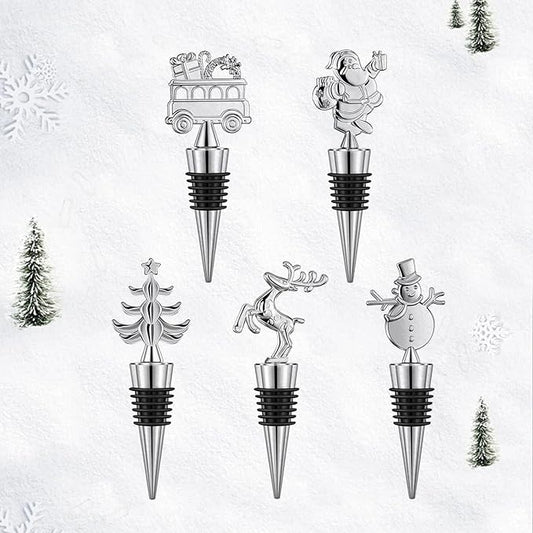 Christmas Wine Bottle Stoppers 5-Packs-Wine Saver Zinc Alloy Silicone,Reusable Leak Proof Keep Fresh Wine Corks,Bar,Holiday,Party,Wedding,Camping for Standard Bottle (Christmas suit)