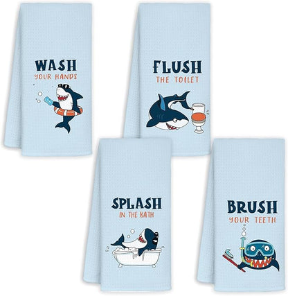 Funny Shark Towels for Kids Bathroom, Shark Kids Bath Towels 16x24, Shark Kids Bathroom Decor Sets of 4 - Toddler Boys Girls Bathroom Decor, Wash Your Hands Bathroom Decor