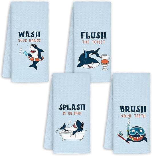 Funny Shark Towels for Kids Bathroom, Shark Kids Bath Towels 16x24, Shark Kids Bathroom Decor Sets of 4 - Toddler Boys Girls Bathroom Decor, Wash Your Hands Bathroom Decor