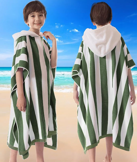 VOOVA & MOVAS Teens Hooded Towel Poncho | Soft, Absorbent Cotton Towel Robe | 8-16Years | Versatile for Pool, Swim,Beach and Bathroom | Hunter Green Cabana Stripe