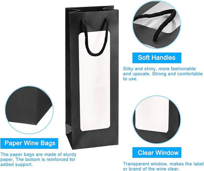 uxcell Wine Bags, 20pcs 4.92"x3.35"x14.2" Wine Gift Bags with Rope Handles, Paper Wine Tote Bag with Clear Window for Wedding Birthday Christmas Party Supplies, Black