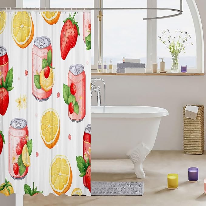 Feelyou Strawberry Shower Curtain Boys Girls Orange Fabric Shower Curtain for Kids Cherry Bathroom Waterproof Accessories with 12 Hooks Fruit Summer Theme Curtains,72x78 Inches