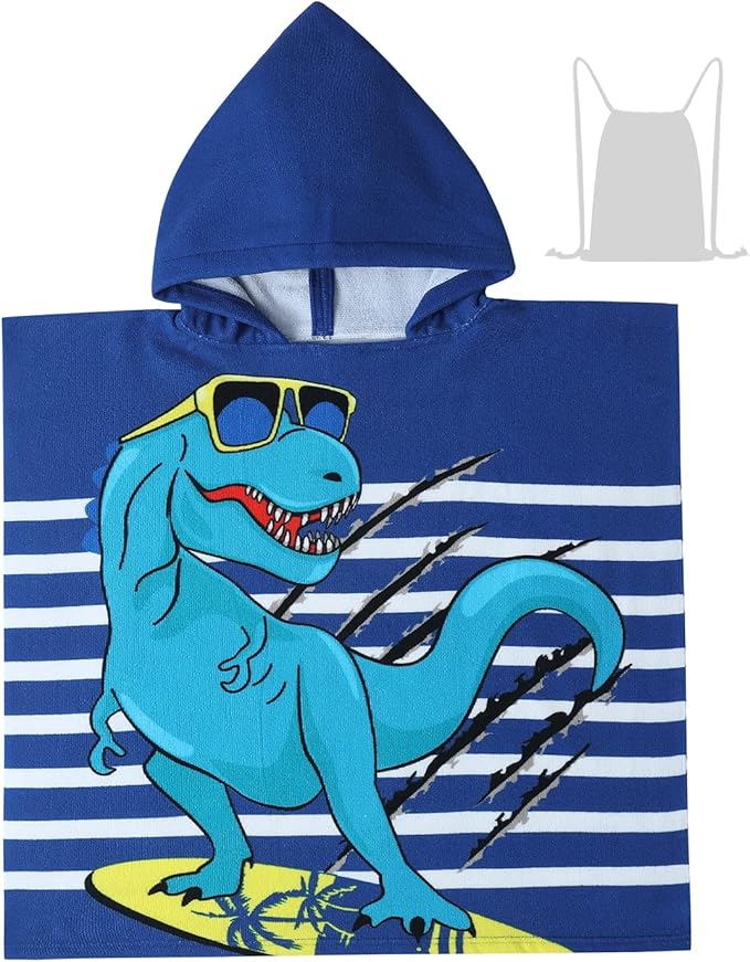 Dinosaur Bath Towel for Toddler Boys, Pool Hooded Towel for Kids, Hooded Bath Beach Towel Poncho for Bath/Pool/Beach Swim Cover with Drawstring Bag (Blue Dinosuar (24x24 inches))