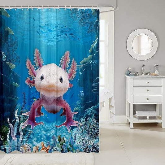 Feelyou Salamander Bathroom Waterproof Accessories with 12 Hooks Under Sea Animals Themed Shower Curtain for Kids Boys Girls Blue Ocean Fabric Shower Curtain Corals and Fish Curtains,72X72 Inches