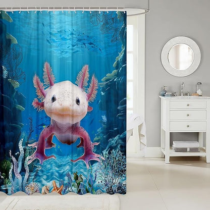 Feelyou Salamander Bathroom Waterproof Accessories with 12 Hooks Under Sea Animals Themed Shower Curtain for Kids Boys Girls Blue Ocean Fabric Shower Curtain Corals and Fish Curtains,72X84 Inches