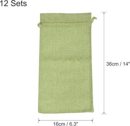 uxcell Burlap Wine Bags with Drawstrings, 12Pcs Wine Gift Bags Reusable Wine Bottle Bags with Ropes and Tags for Wedding, Birthday, Travel (14 x 6.3 In, Green)