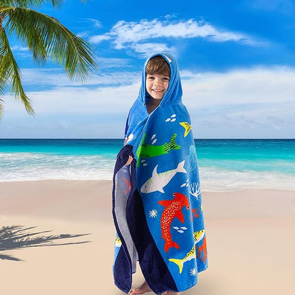 VOOVA & MOVAS Hooded Towel for Toddlers 3-10 Years,Soft | Thick | Cotton | Absorbent | Large Beach | Pool | Bath | Swim Towels | Cover up for Boys, Shark Fish