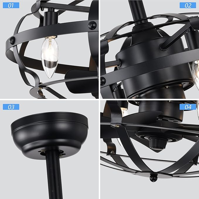 NicBex Ceiling Fan 20 Inch Indoor Industrial Ceiling Fan with Lights Ceiling Fans with 5 Blades and Remote Control Caged Ceiling Fan for Bedroom, Living Room, Black