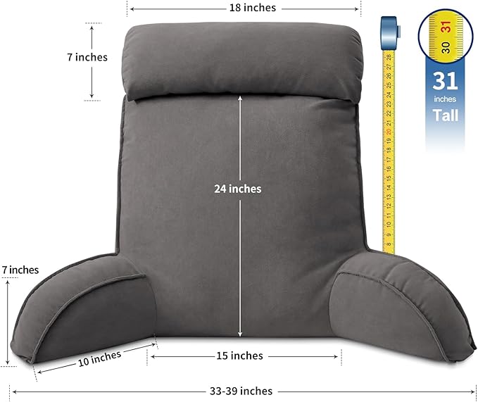 Reading Pillow for Bed Adult Size, Back Pillow for Sitting in Bed, Shredded Memory Foam Bed Chair Pillow with Arms, Pockets, Washable Cover (Dark Grey, Large)
