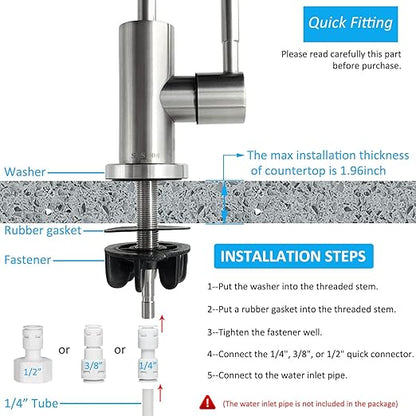 Kitchen Water Filter Faucet with Adjustable Gooseneck, Stainless Steel Drinking Water Faucet Lead-Free Safety for Water Filtration Systems or Reverse Osmosis Systems, Beverage Cold Water Faucet