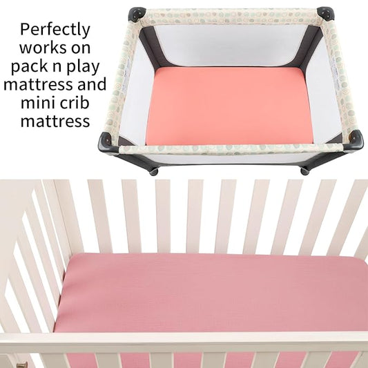 Muslin Pack n Play Sheets Soft Breathable 100% Cotton Mini Crib Fitted Sheets Portable/Convertible Playard Mattress Cover 2 Pack for Baby Girl, Pink and Pastel Violet