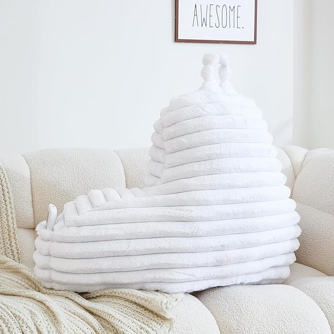 WERDIM Reading Pillow for Sitting in Bed, Faux Fur Back Pillow for Bed Rest, Bed Chair Pillow with Arms and Pockets(Standard, White)