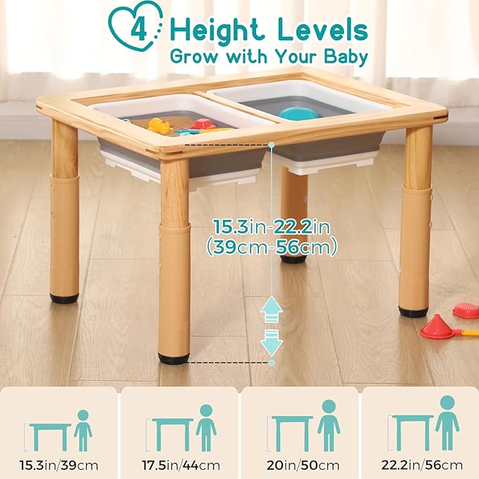 FUNLIO Wooden Sensory Table with 2 Bins for Toddlers 1-5, 4-Level Height Adjustable Kids Sensory Table with Anti-Warping Plywood Lid, Indoor/Outdoor Play Sand and Water Table, CPC Certified