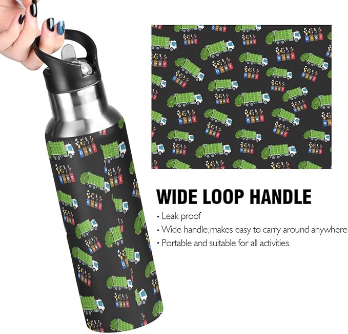 Garbage Truck Trash Recycling Stainless Steel Water Bottle with Straw Lid - 20 Oz Sports Insulated Water Bottle Thermos for Sport Gym Outdoor Travel School (DZ008)