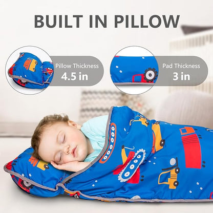 Nap Mat- Toddler Nap Mat with Pillow & Fleece Blanket- 55''*23''*2'' Nap Mat for Toddlers- Nap Mats for Preschool, Daycare（Rubber Band Style Blue Excavator）