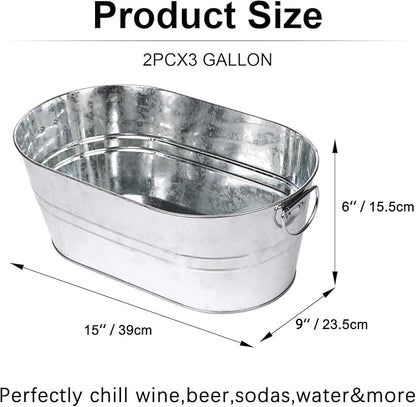 Galvanized Tub Beverage Tubs, 2pcs Metal Ice Buckets for Cocktail Bar 3 Gallon Wine Beer Drink Buckets with Handles Large Tub Cooler Mimosa Bar Supplies Ice Bucket for Parties (Galvanized)