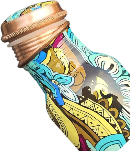 Copper Ayurveda Copper Water Bottle for Drinking – Travel Water Bottle for Gym, Yoga, Office, Hiking, Outdoor – with Lid (Teal black floral)