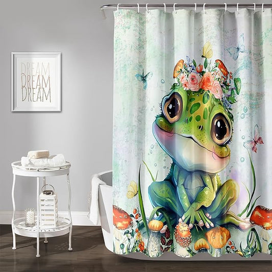 AILONEN Cute Frog Shower Curtain Cartoon Animal Wildlife Frog Cartoon Mushroom Minimalist Modern Art Retro Green Shower Curtain Bathroom Decor Curtains with 12 Hooks 72" W*84" H
