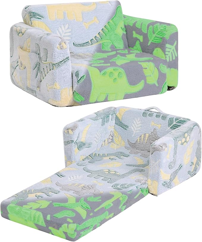 Tiita Kids Sofa, 2-in-1 Kids Sofa Chair, Convertible Children Couch to Lounger, Flip Out Kids Sofa Chair, Glow in The Dark Toddler Armrest Chair Bed for Girl or Boy (Grey Dinosaur)
