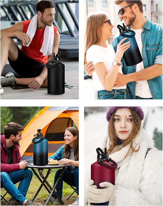 64oz Water Bottles with Straw - 1/2 Gallon Water Bottle Insulated with Straw Lid, Auto Spout Lid, Paracord Handle, Carrying Case, Stainless Steel Half Gallon Jug Thermal Mug for Gym Sport Office