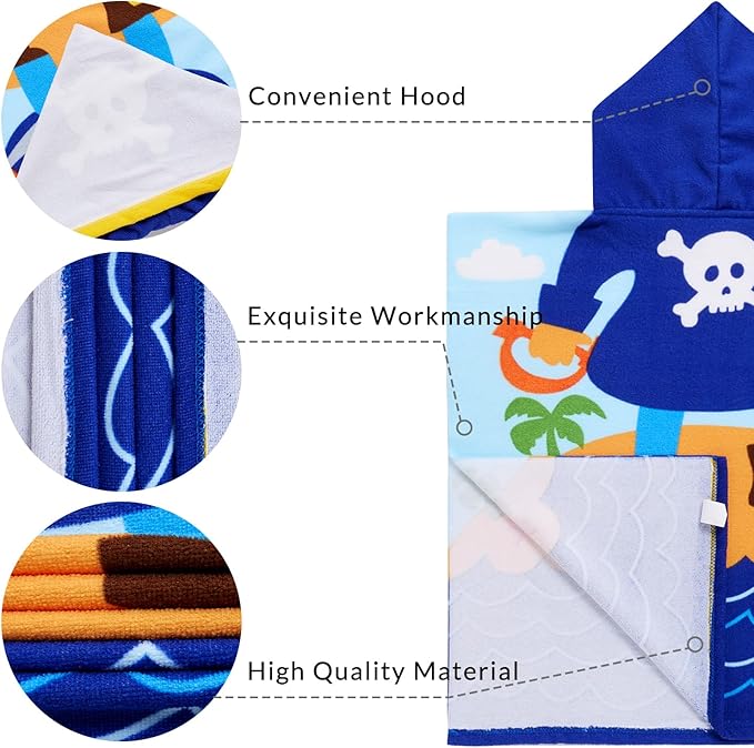 Kids Pirate Hooded Beach Towel Boys Cute Poncho Pool Towels with Hood 24*47" Cool Soft Microfiber Swim Cover-ups for Kids Ages 3-10 Thick Absorbent Cotton Hooded Bath Towels Wrap Bathrobe