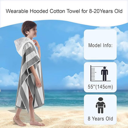 VOOVA & MOVAS Big Kids Poncho Towel with Hood - Teens Hooded Pool Towel Poncho (8-16Years), Large and Absorbent Cotton - Versatile for Beach, Pool, Swim, and Bath, Grey Cabana Stripe