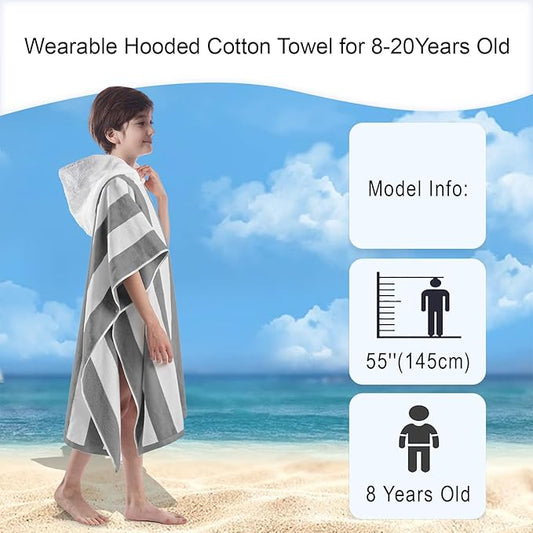 VOOVA & MOVAS Big Kids Poncho Towel with Hood - Teens Hooded Pool Towel Poncho (8-16Years), Large and Absorbent Cotton - Versatile for Beach, Pool, Swim, and Bath, Grey Cabana Stripe