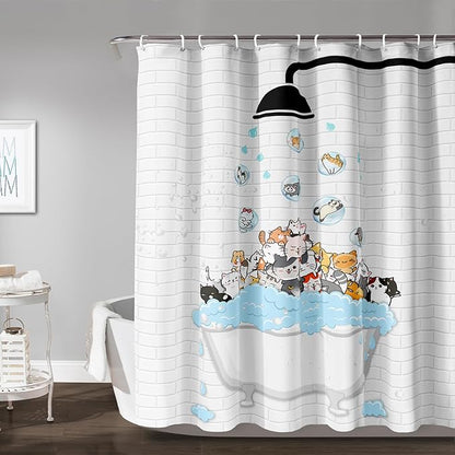AILONEN Cute Cats Shower Curtain Raining for Kids 36" W*72" H Inch,Kawaii Hilarious Pet Playing Water Shower Curtain,12 Pack Hooks Polyester Waterproof Fabric Decor for Bathroom Bathtub Panels