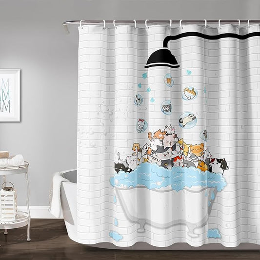 AILONEN Cute Cats Shower Curtain Raining for Kids 36" W*72" H Inch,Kawaii Hilarious Pet Playing Water Shower Curtain,12 Pack Hooks Polyester Waterproof Fabric Decor for Bathroom Bathtub Panels