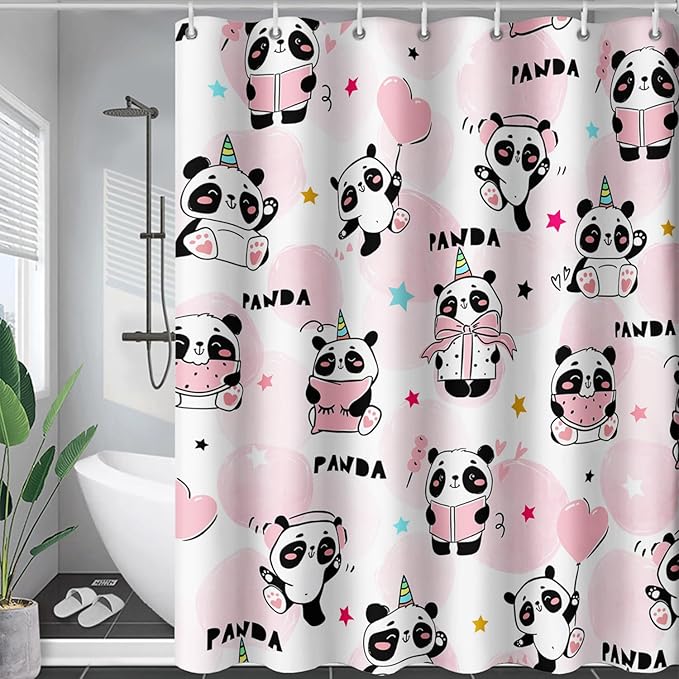 AILONEN Panda Shower Curtain for Bathroom, Cute Kawaii Panda Kids Bathroom Curtain,Pink Cartoon Bath Curtain 36" W*72" H Polyester Waterproof Bathroom Curtain with 12 Hooks