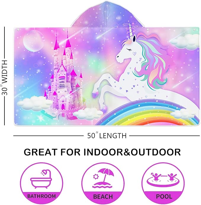 Unicorn Hooded Beach Towel for Kids, Cute Rainbow Bath Towel with Hood for Girls, Pink Magic Castle Microfiber Super Absorbent Soft Poncho Bathrobe for Swin Pool 30”x50”
