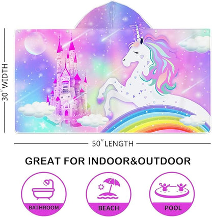 Unicorn Hooded Beach Towel for Kids, Cute Rainbow Bath Towel with Hood for Girls, Pink Magic Castle Microfiber Super Absorbent Soft Poncho Bathrobe for Swin Pool 30”x50”