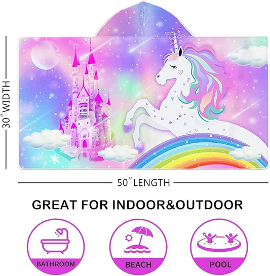 Unicorn Hooded Beach Towel for Kids, Cute Rainbow Bath Towel with Hood for Girls, Pink Magic Castle Microfiber Super Absorbent Soft Poncho Bathrobe for Swin Pool 30”x50”