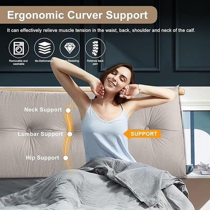 Large Triangular Headboard Pillows Long Backrest Positioning Support Bolster Cushion for Daybed Fluffy Quality Plush Body Wedge Pillow with Removable Cover(Light grey-24x8x20in)