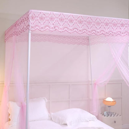 Bed Canopy, Princess Bed Curtain Net for Girls & Adults，Three-Doors Rectangle Lace Dome Netting (Baby Pink, King)