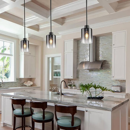 Black Pendant Lights Kitchen Island,Smoked Glass Pendant Light Fixture Multiple Stems Rods 3 Units 12 Inch 3 Units 4 Inch (2 Pack Smoked Glass+Black Downrod)