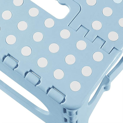 Casafield 9" Folding Step Stool with Handle, Blue - Portable Collapsible Small Plastic Foot Stool for Kids and Adults - Use in The Kitchen, Bathroom and Bedroom