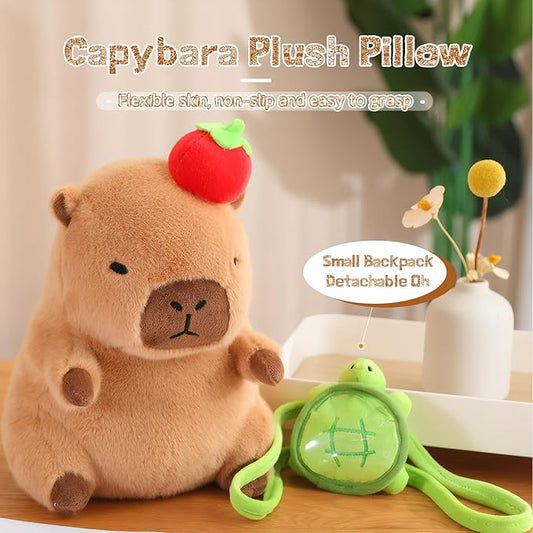 Cute Capybara Plush with Turtle Backpack Kawaii Capybara Stuffed Animal with Apple Capybara Plushies Soft Capybara Pillow Toy Birthday for Kids Boys Girls 12 inch