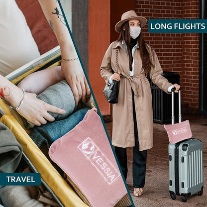Vessia Travel Blanket for Airplane, Train and Car, Warm and Soft Travel Blanket and Pillow 2 in 1 for Adults and Kids, Portable Compact Long Flight Blanket with Luggage Sleeve, Backpack Clip(Pink)