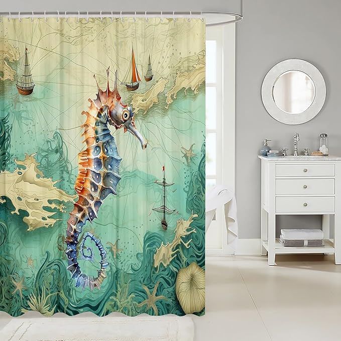 Feelyou Seahorse Shower Curtain 72"x78" Kids Sailboat Printed Bathroom Shower Curtain Set for Boys Girls Teens Ocean Themed Bath Curtain Marine Life Sealife Bathroom Accessories