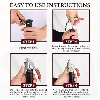 Premium AM DELUXE Waiter Corkscrew Wine Opener - Wine Key For Servers, Bartenders, Heavy Duty Stainless Steel & Pakka Wood Inlay, Serrated Foil Cutter, Cork Screw Wine Bottle Opener, Magnetic Gift Box